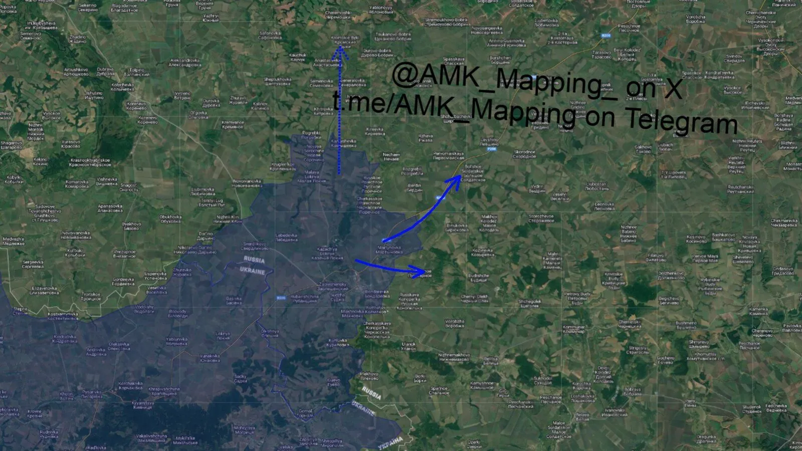 Vue satellite du secteur de Koursk avec les axes de contre-attaque ukrainienne vers Berdin