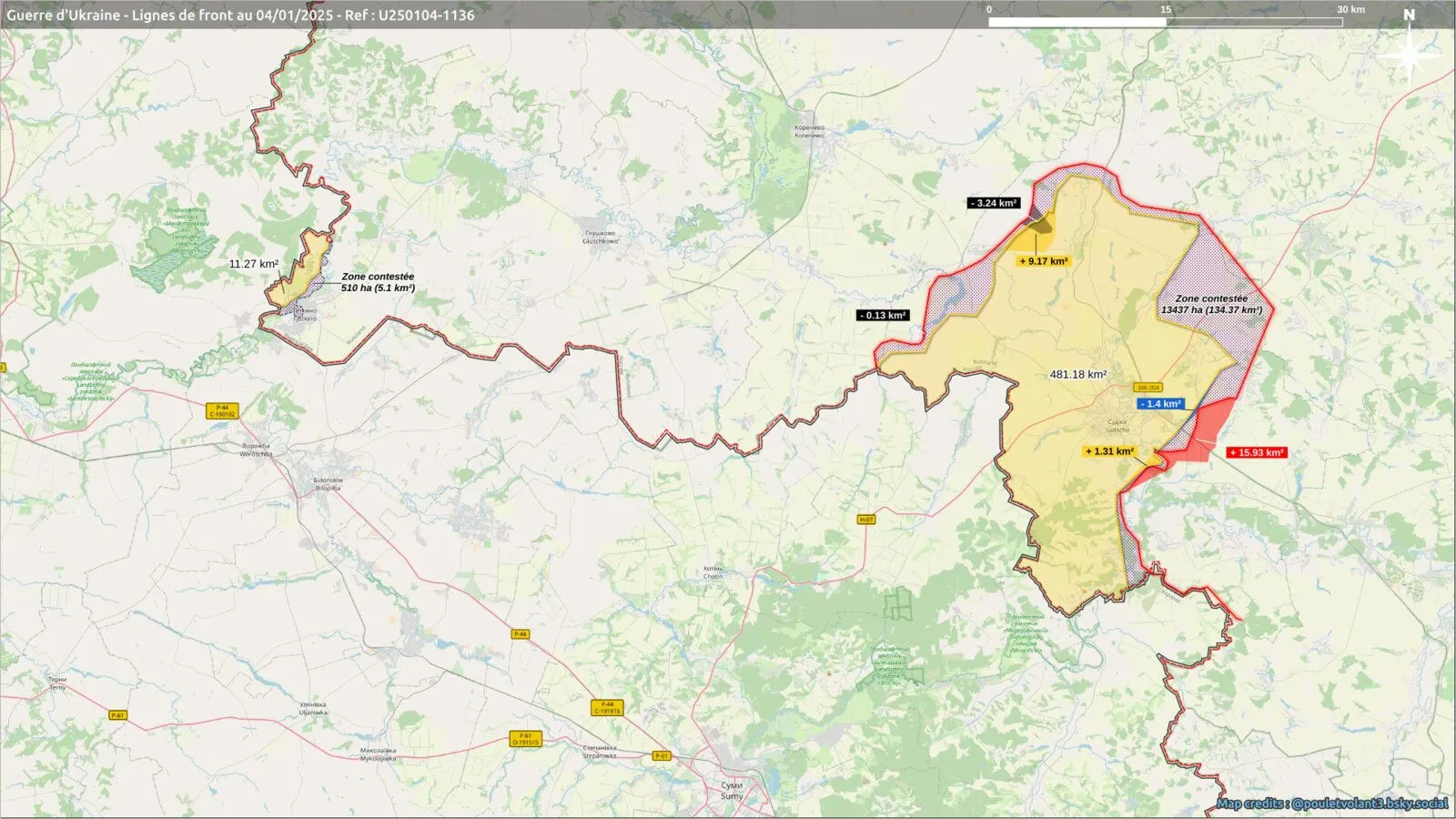 Carte du saillant de Koursk au 4 janvier 2025, gains et pertes chiffrés