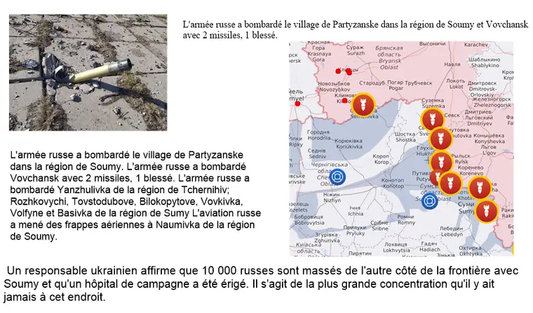 Débris de missile et carte des frappes russes sur la région de Soumy