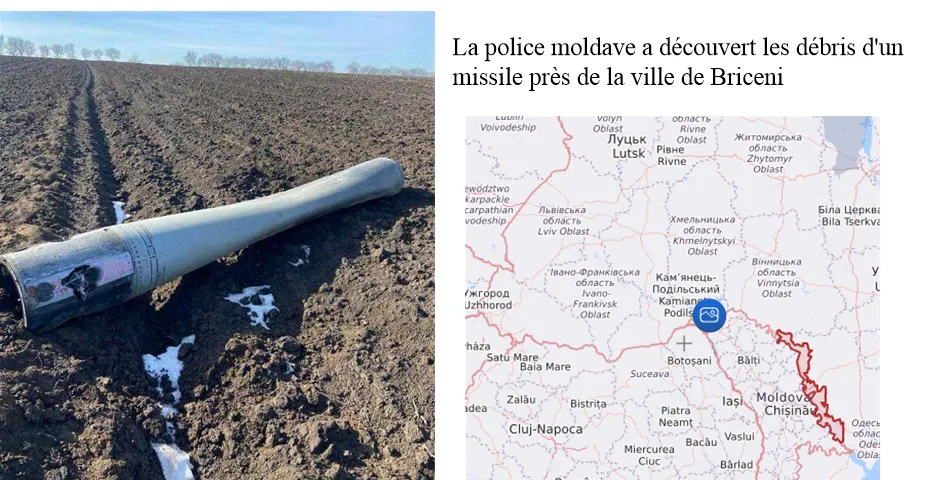 Débris de missile dans un champ labouré et carte localisant Briceni en Moldavie