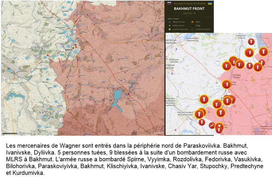 Carte du front de Bakhmut et des bombardements autour de Paraskoviivka