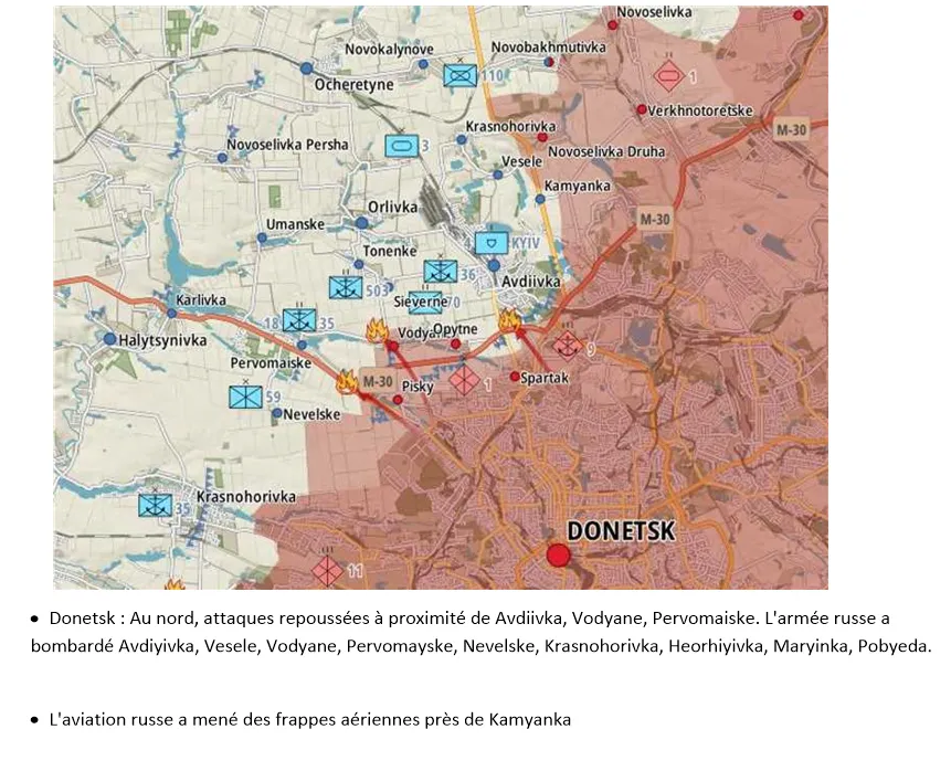 Carte du secteur d’Avdiivka, au nord de Donetsk, positions et frappes