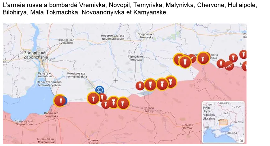 Carte des bombardements russes sur le front de Zaporijjia, de Vasylivka à Huliaipole