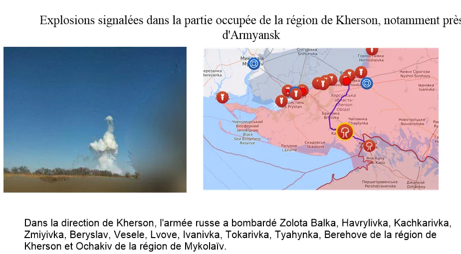 Panache de fumée après une explosion et carte des frappes dans la région de Kherson