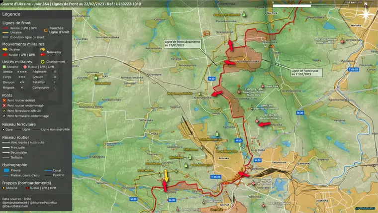 Carte des lignes de front autour d'Avdiivka et Donetsk au 22 février 2023