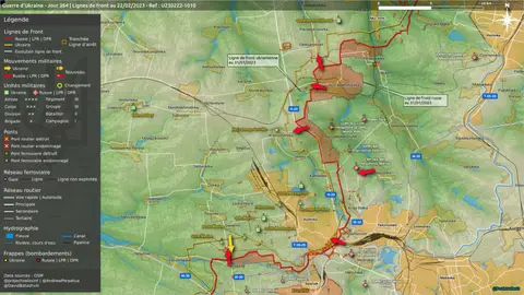 Carte des lignes de front autour d'Avdiivka et Donetsk au 22 février 2023