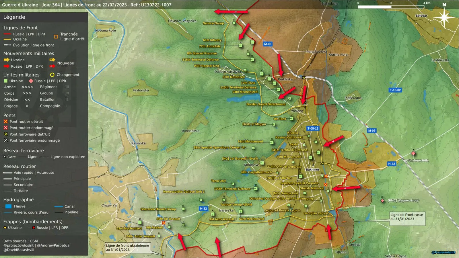 Carte des unités et de la ligne de front autour de Bakhmut
