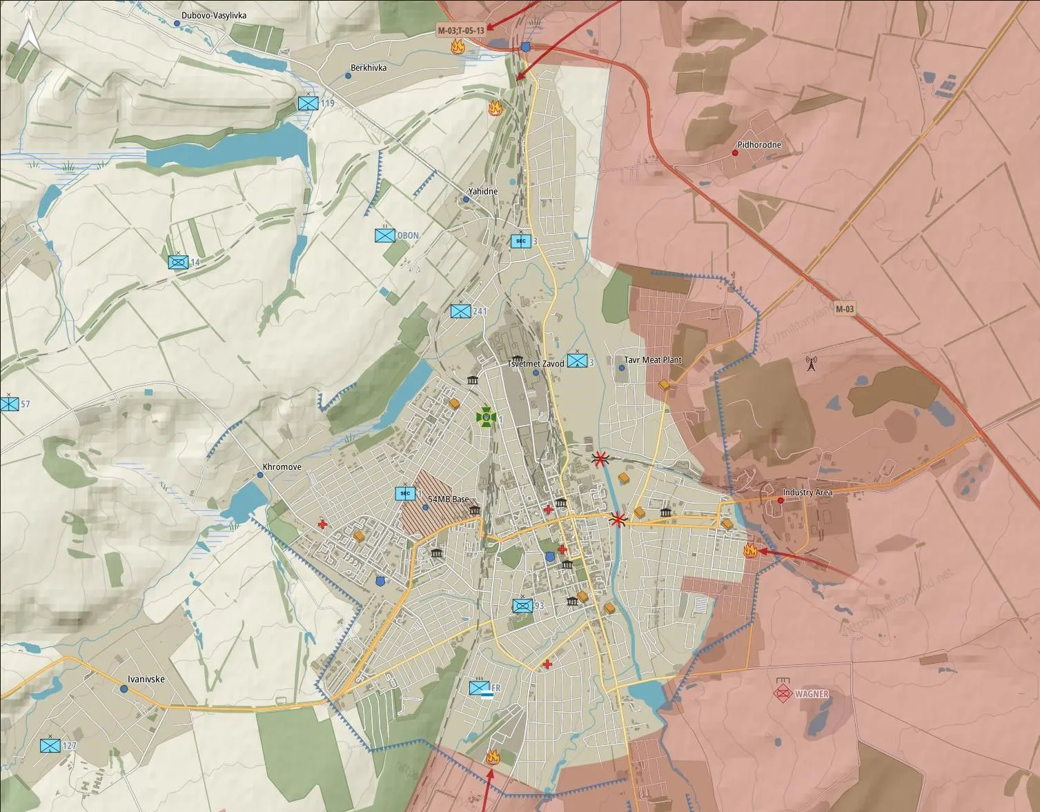 Plan de la ville de Bakhmut, poussée russe par l’est et le sud