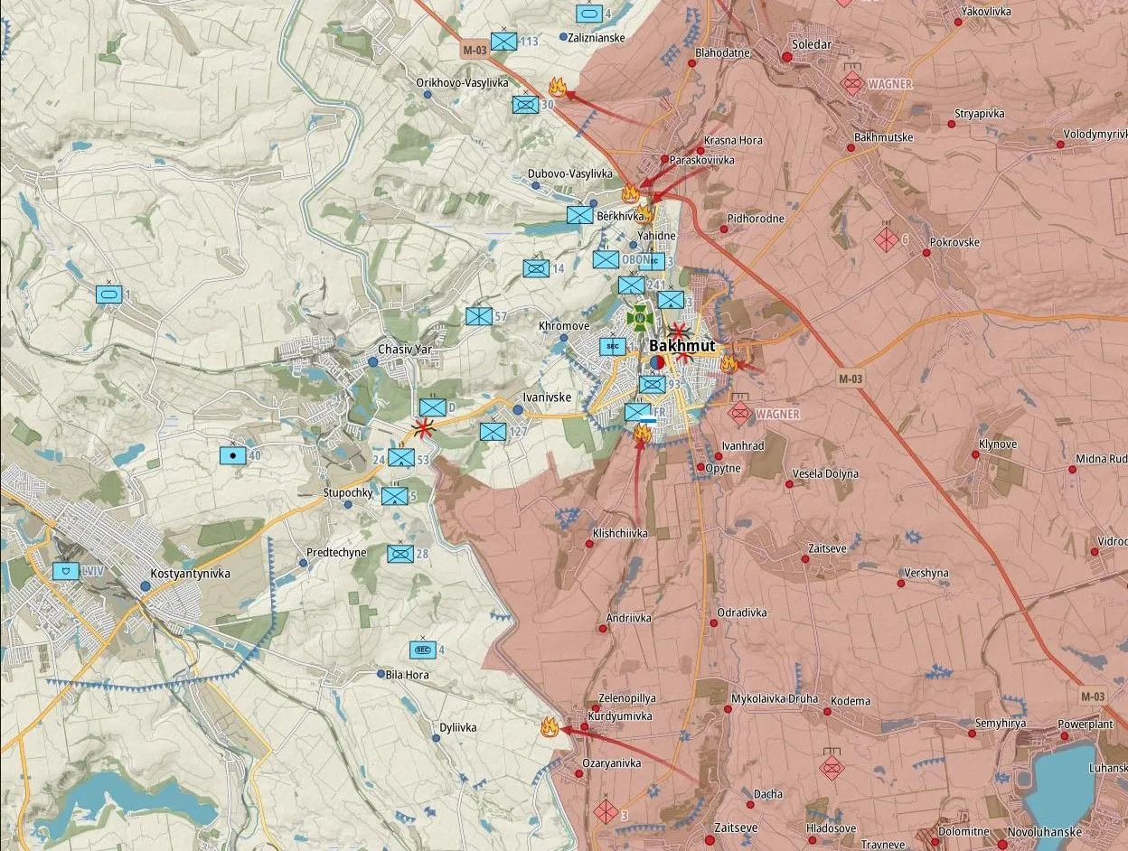 Carte du secteur de Bakhmut, de Chasiv Yar à Soledar