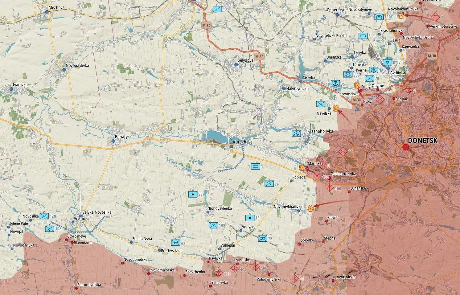 Carte du sud de Donetsk, de Marinka à Vuhledar et Velyka Novosilka