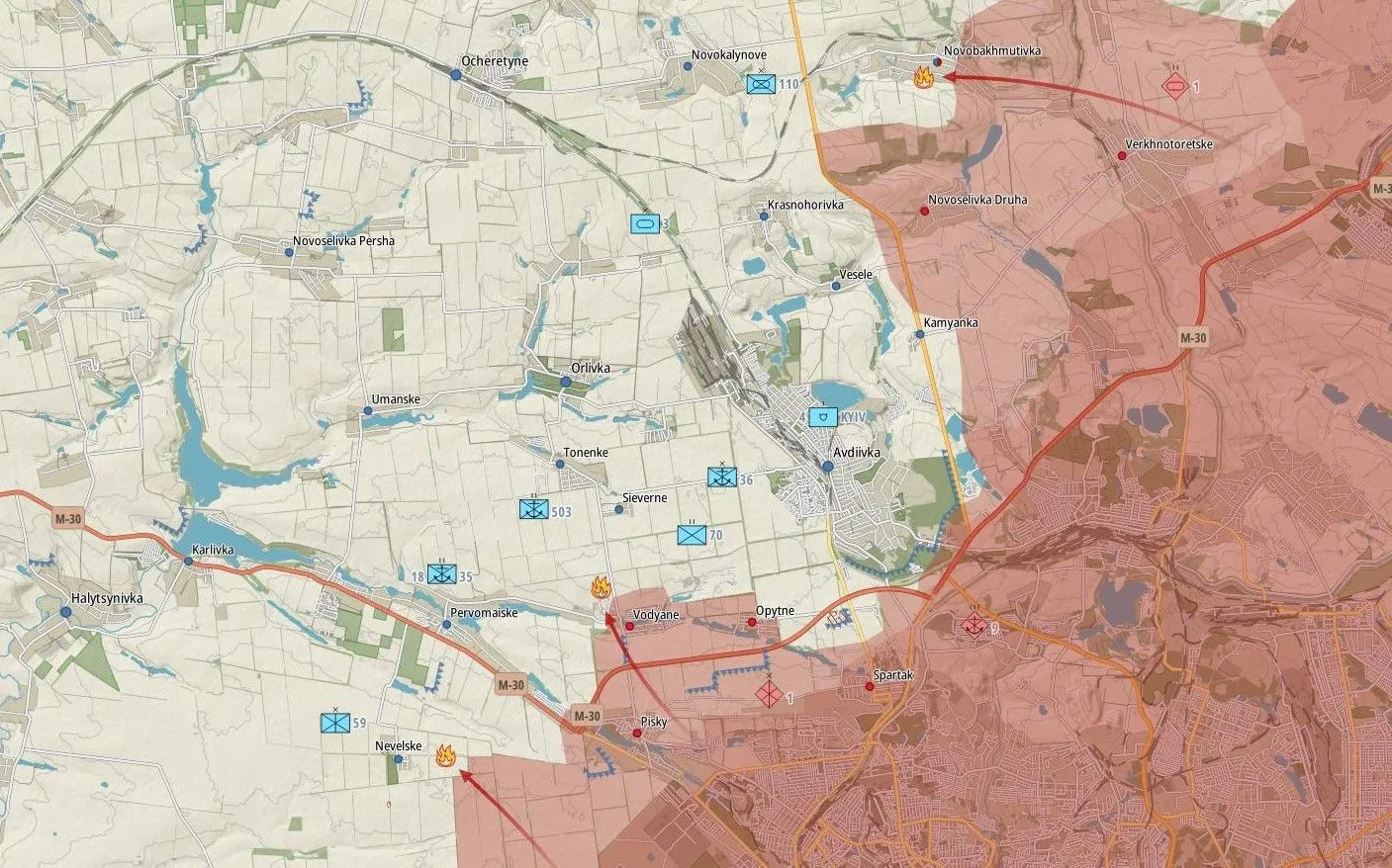 Carte du secteur d’Avdiivka et des combats vers Vodiane et Nevelske