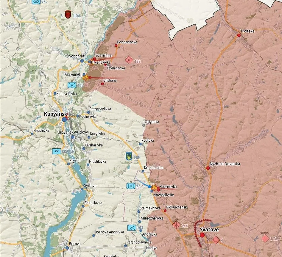 Carte du front entre Koupiansk et Svatove, poussée russe vers Masyutivka