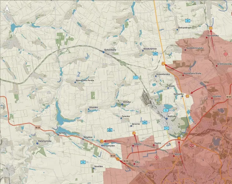 Carte du front autour d'Avdiivka, assauts russes au sud et au nord de la ville