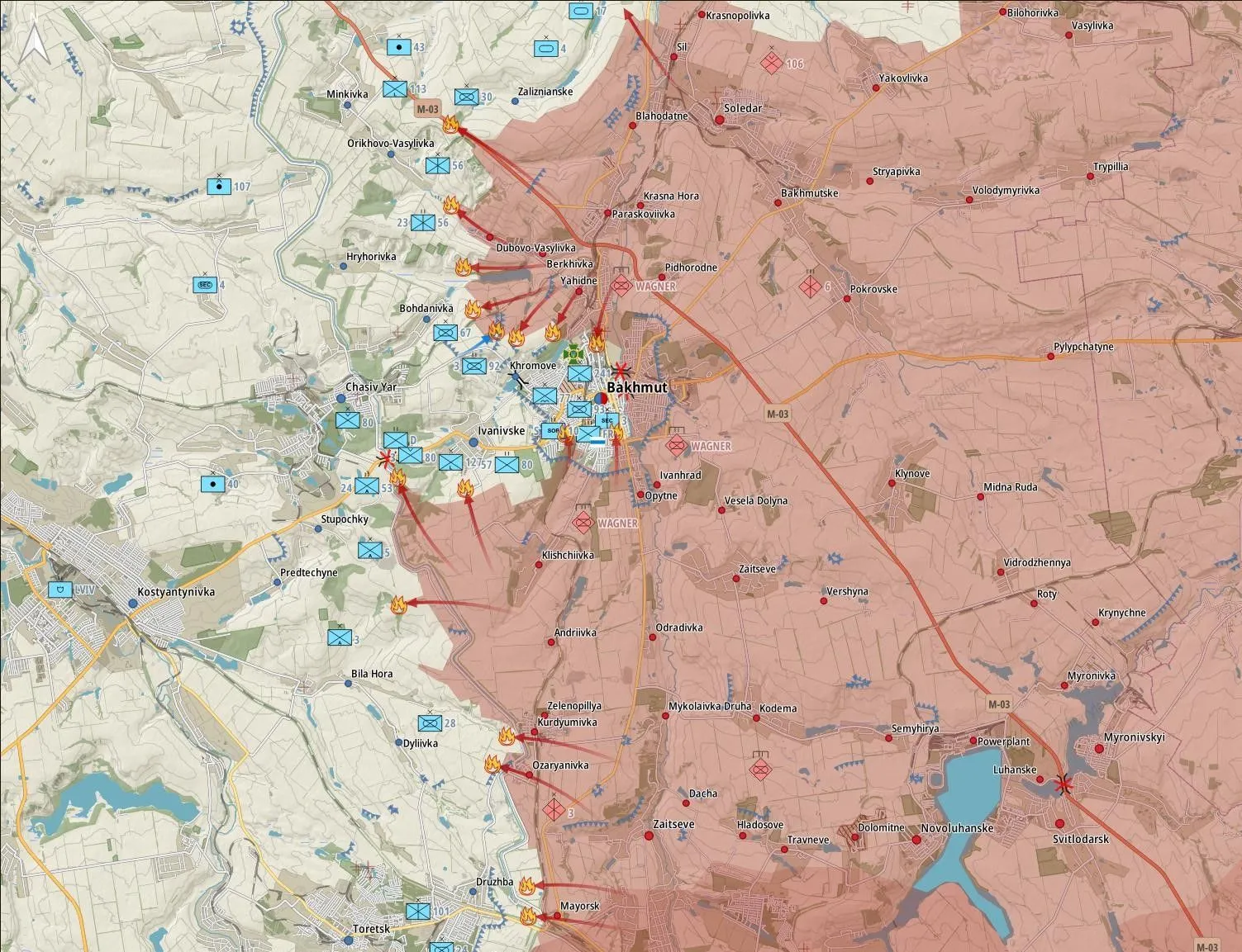 Carte du secteur de Bakhmout, de Soledar à Toretsk, avec les assauts russes