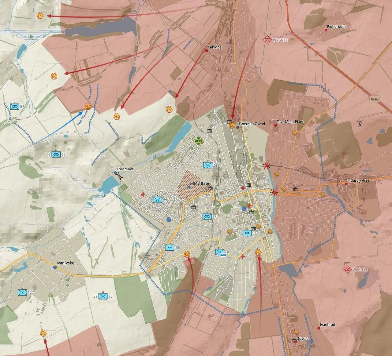 Carte de Bakhmout ville, poussées russes vers Tsvetmet Zavod et le centre