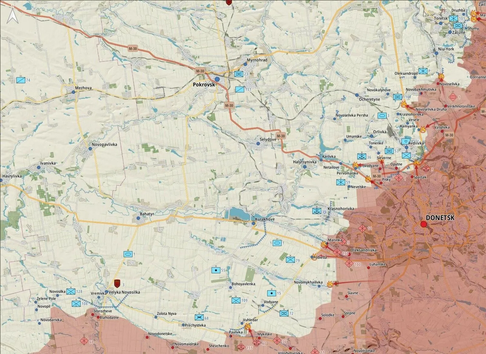 Carte du front du Donbass, de Pokrovsk à Donetsk, Marinka et Vouhledar