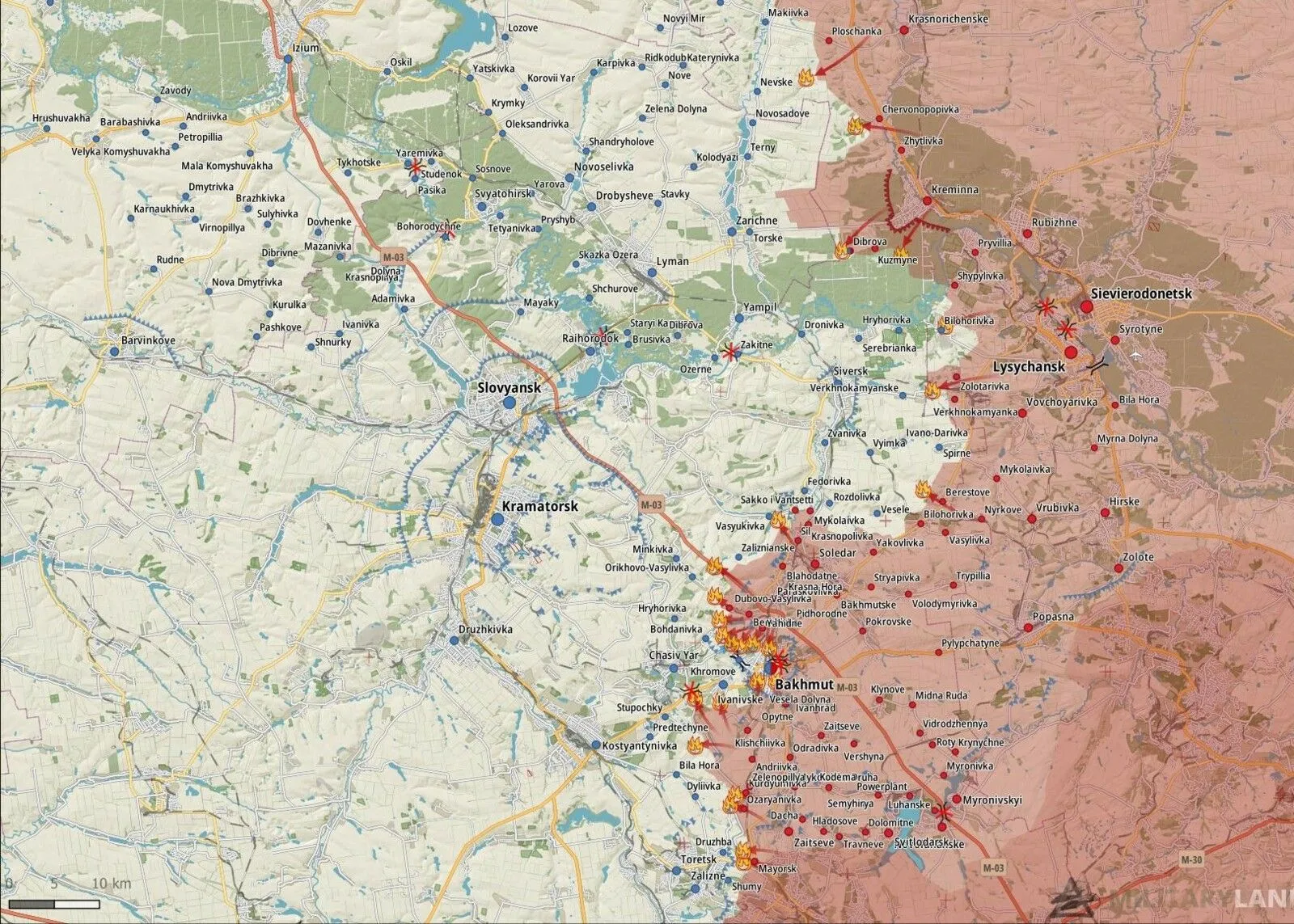 Carte du front de Sloviansk à Lyssytchansk, secteurs de Kreminna, Siversk et Bakhmout