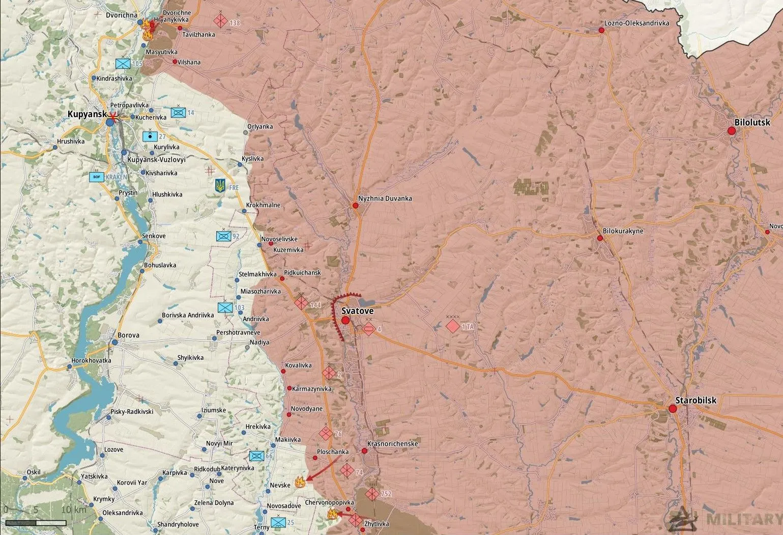 Carte du front de Koupiansk à Svatove, le long de la rivière Oskil