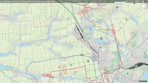 Carte du secteur d'Avdiivka au 21 mars 2023, lignes de front et assauts