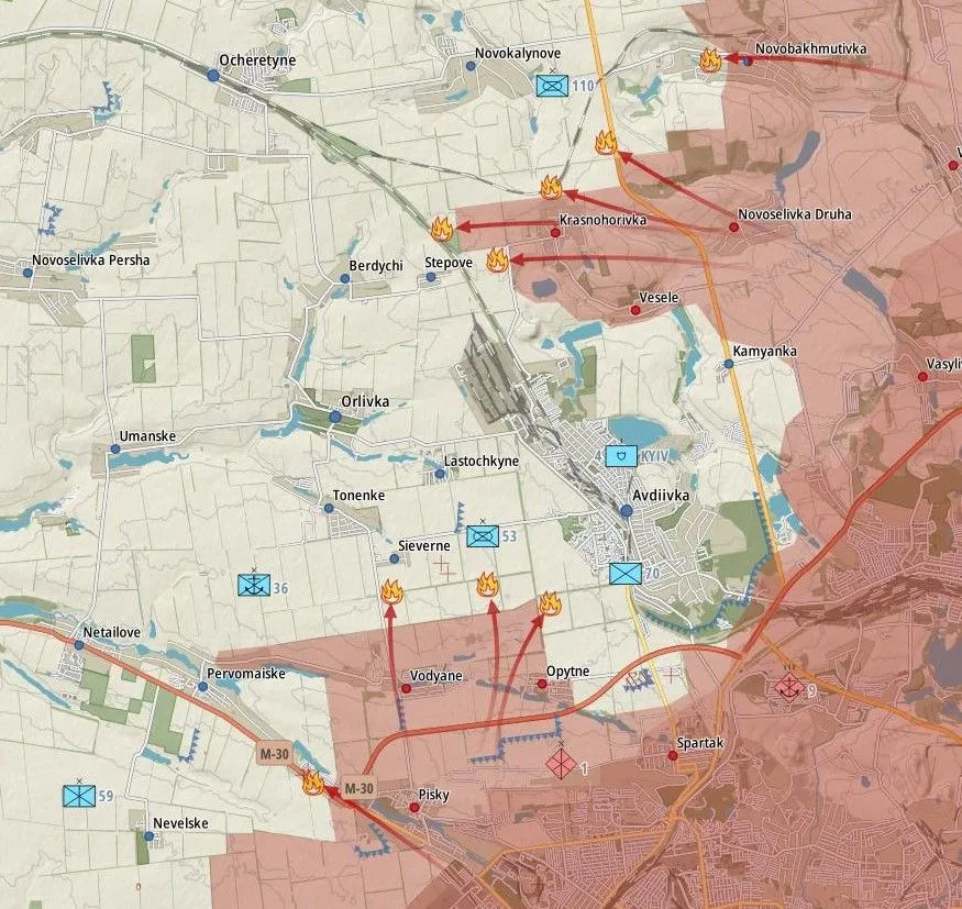 Carte du secteur d’Avdiivka, poussées russes vers Stepove et Sieverne