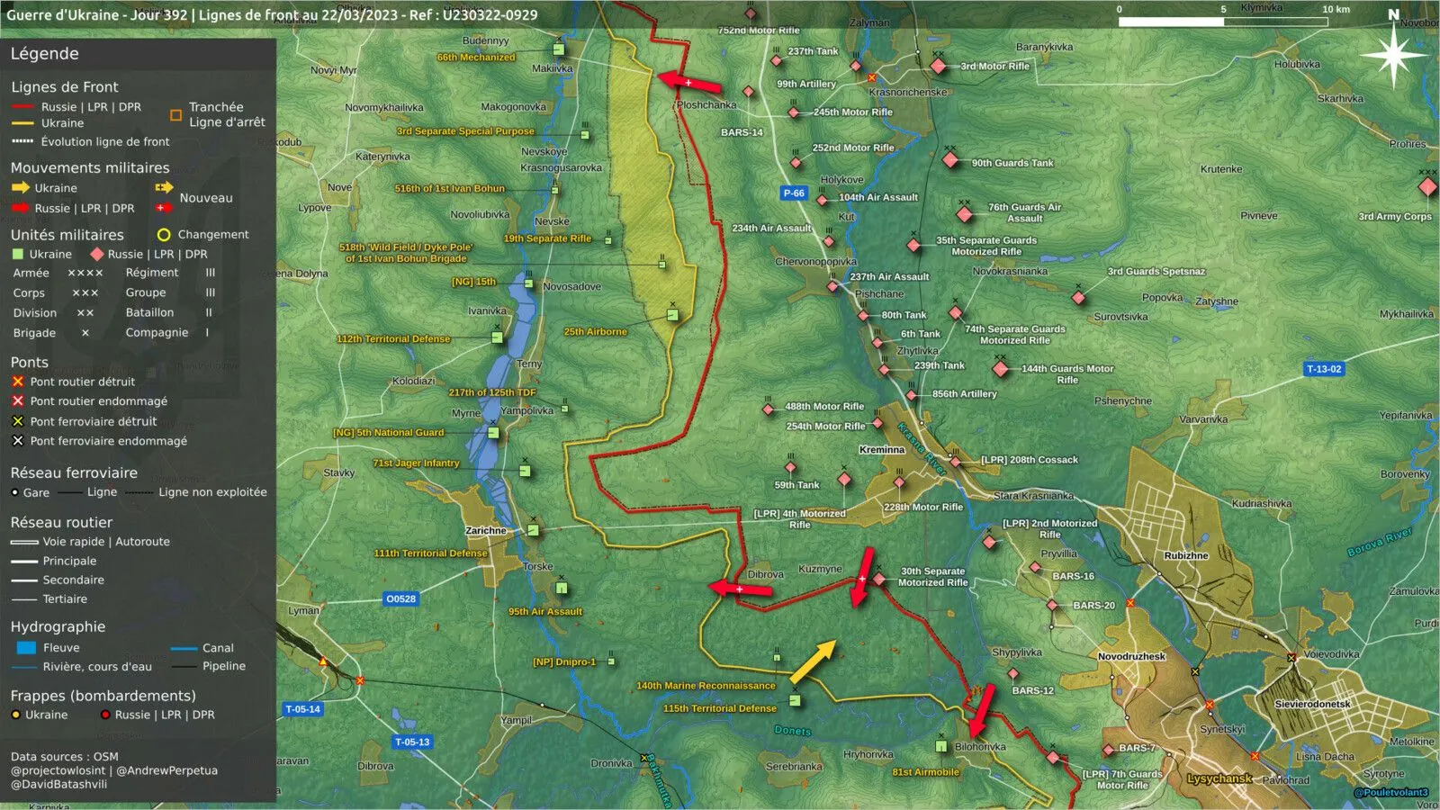 Carte du secteur de Kreminna et Bilohorivka, unités des deux camps