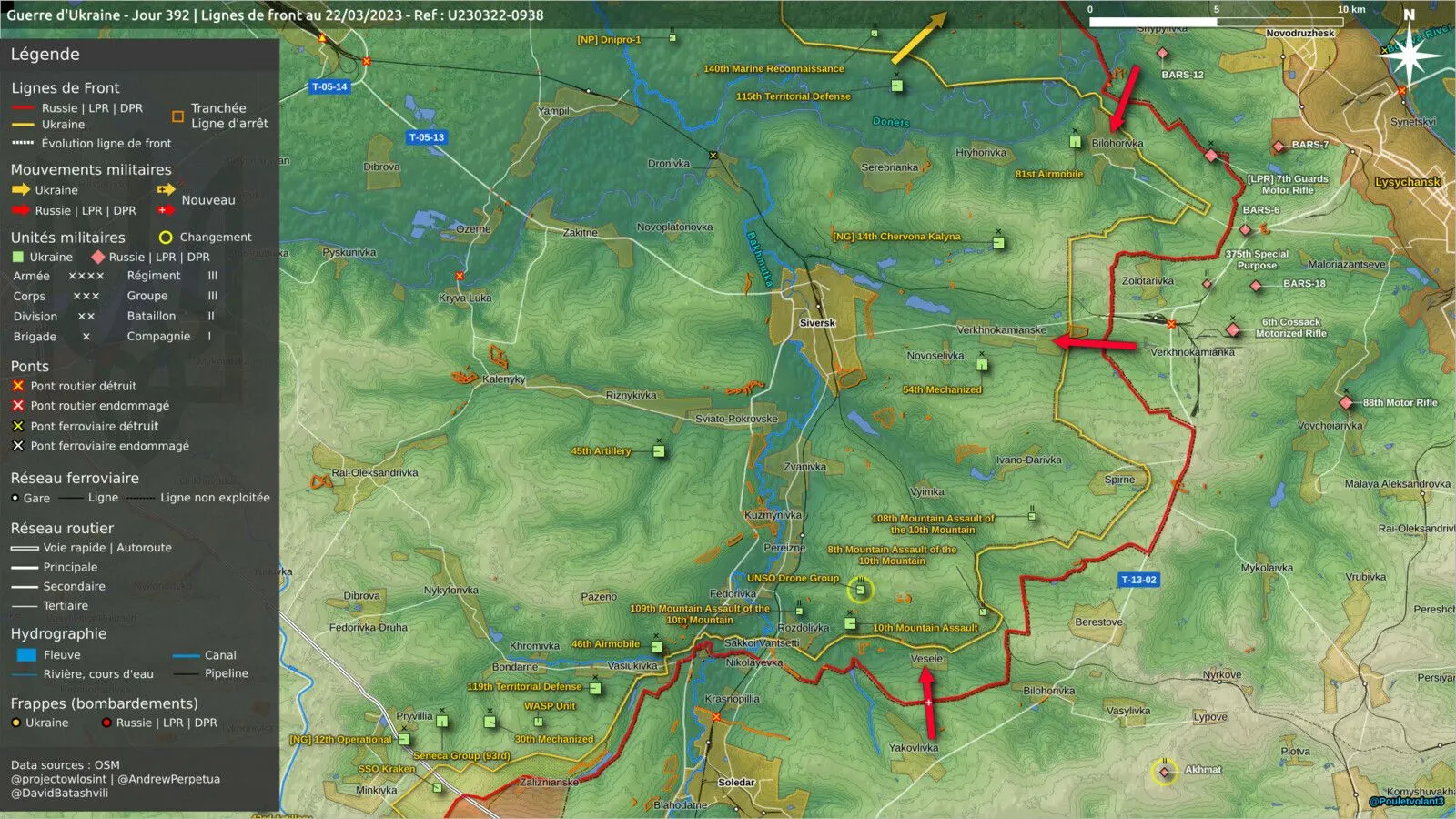 Carte du secteur de Siversk, front de Verkhnokamianske à Vessele