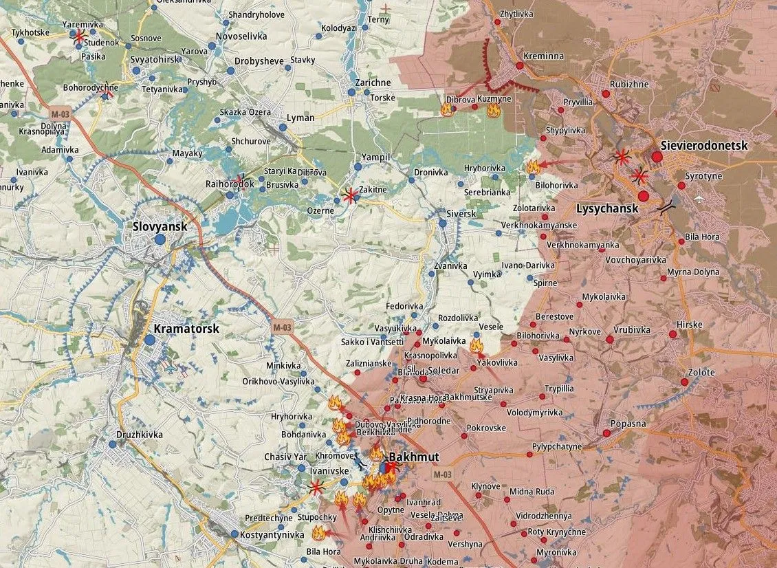 Carte du Donbass de Sloviansk à Lyssytchansk, front de Kreminna à Bakhmout