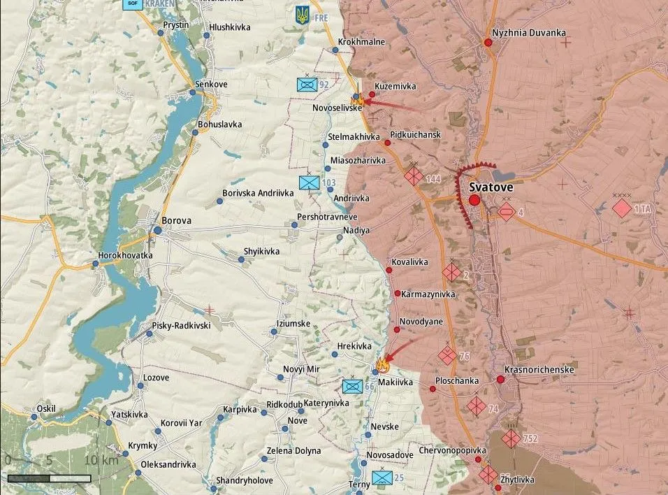 Carte du secteur de Svatove et Borova, front le long de l’Oskil