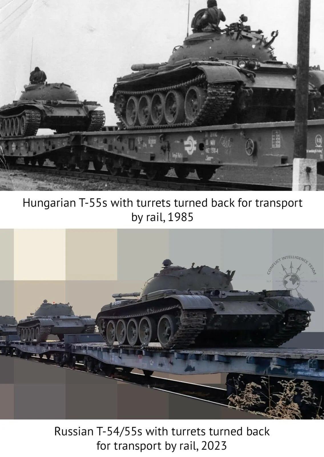 Chars T-55 hongrois en 1985 et T-54/55 russes en 2023 sur wagons plats