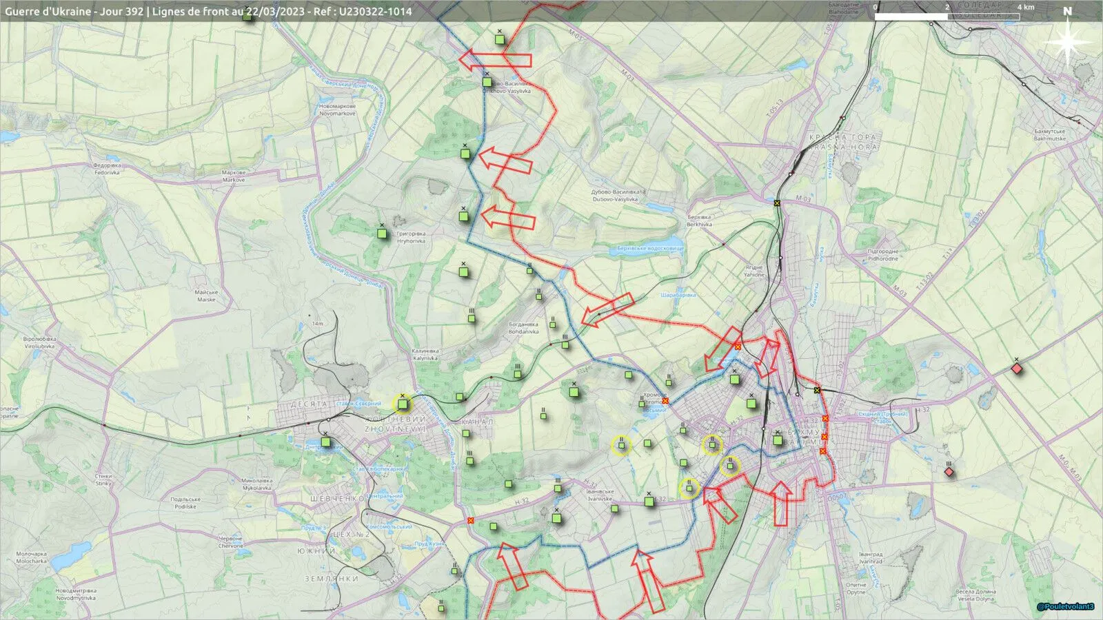 Carte du secteur de Bakhmout, de Chasiv Yar à Bohdanivka