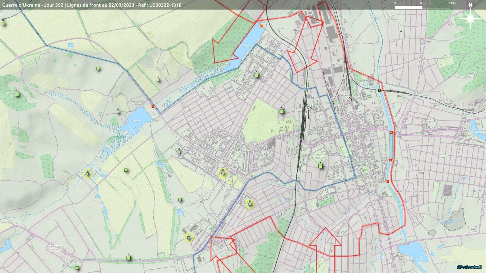 Carte rapprochée de Bakhmout, front le long de la rivière Bakhmoutivka