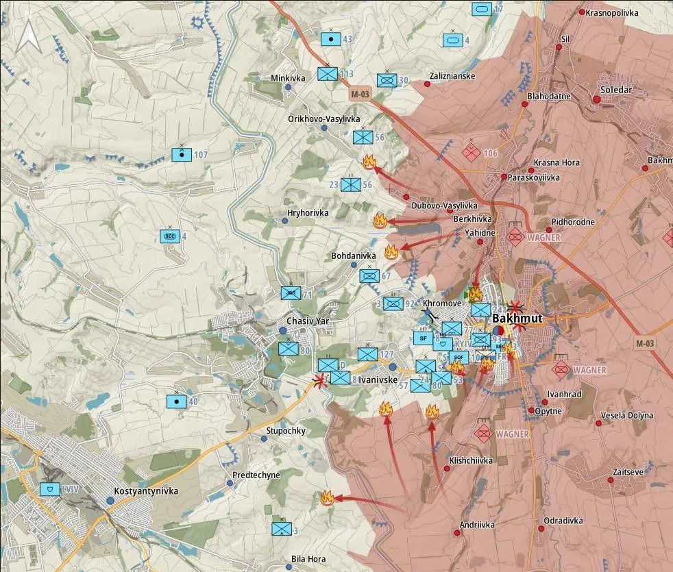 Carte du secteur de Bakhmout, de Soledar à Klishchiivka
