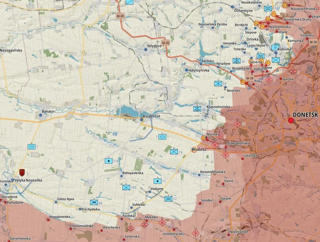 Carte du front du Donbass, de Kourakhove à Vouhledar et Donetsk