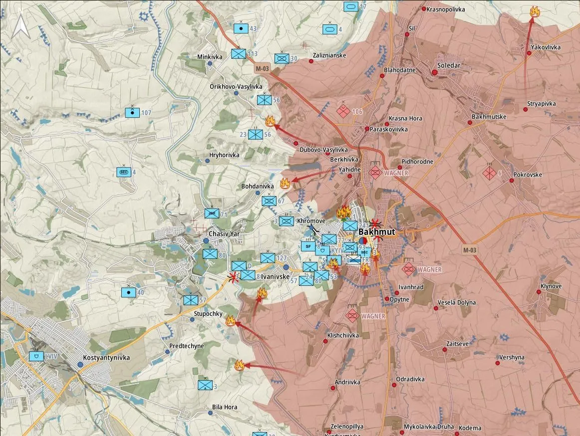 Carte du secteur de Bakhmout, de Chasiv Yar à Soledar