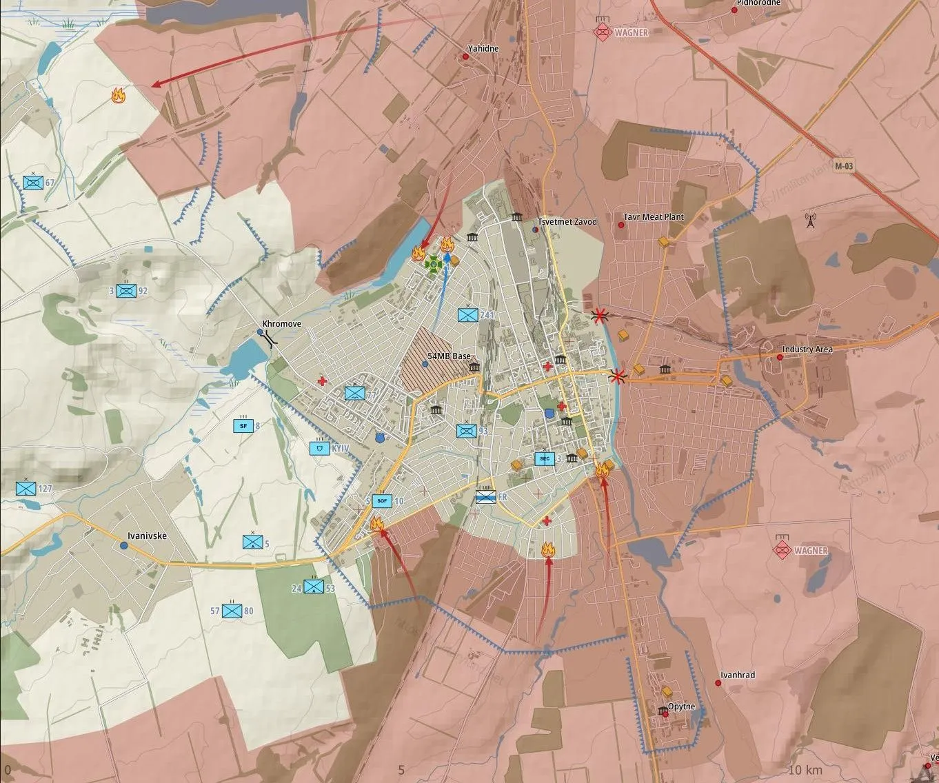 Carte de Bakhmout ville, front au bord de la rivière