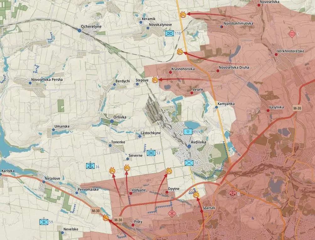 Carte du secteur d’Avdiivka, assauts russes au sud et au nord