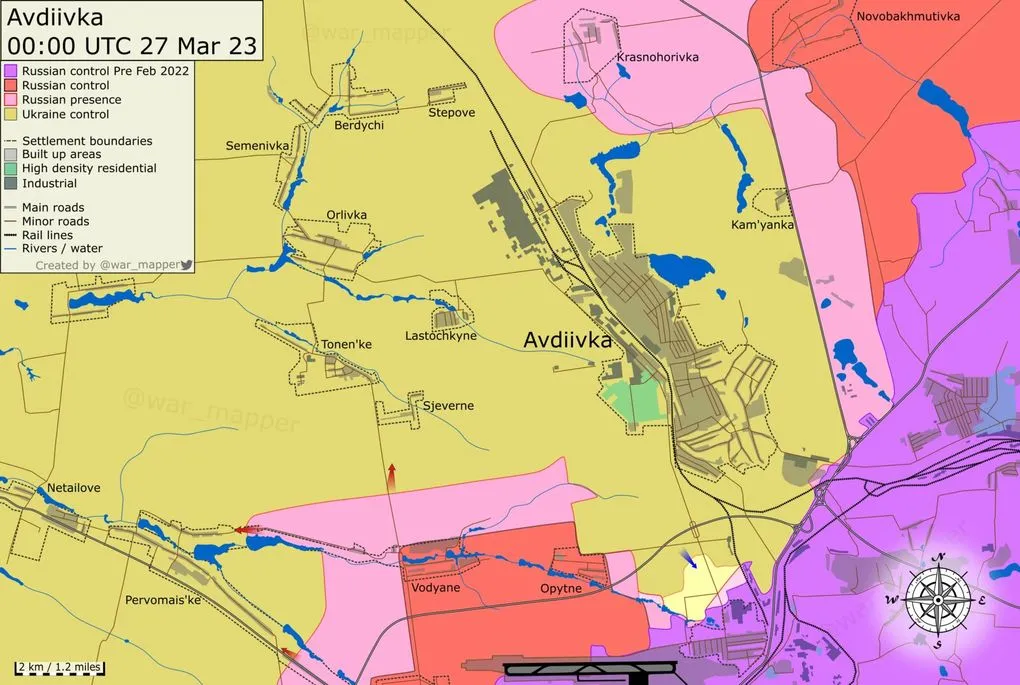 Carte des zones contrôlées autour d’Avdiivka au 27 mars 2023