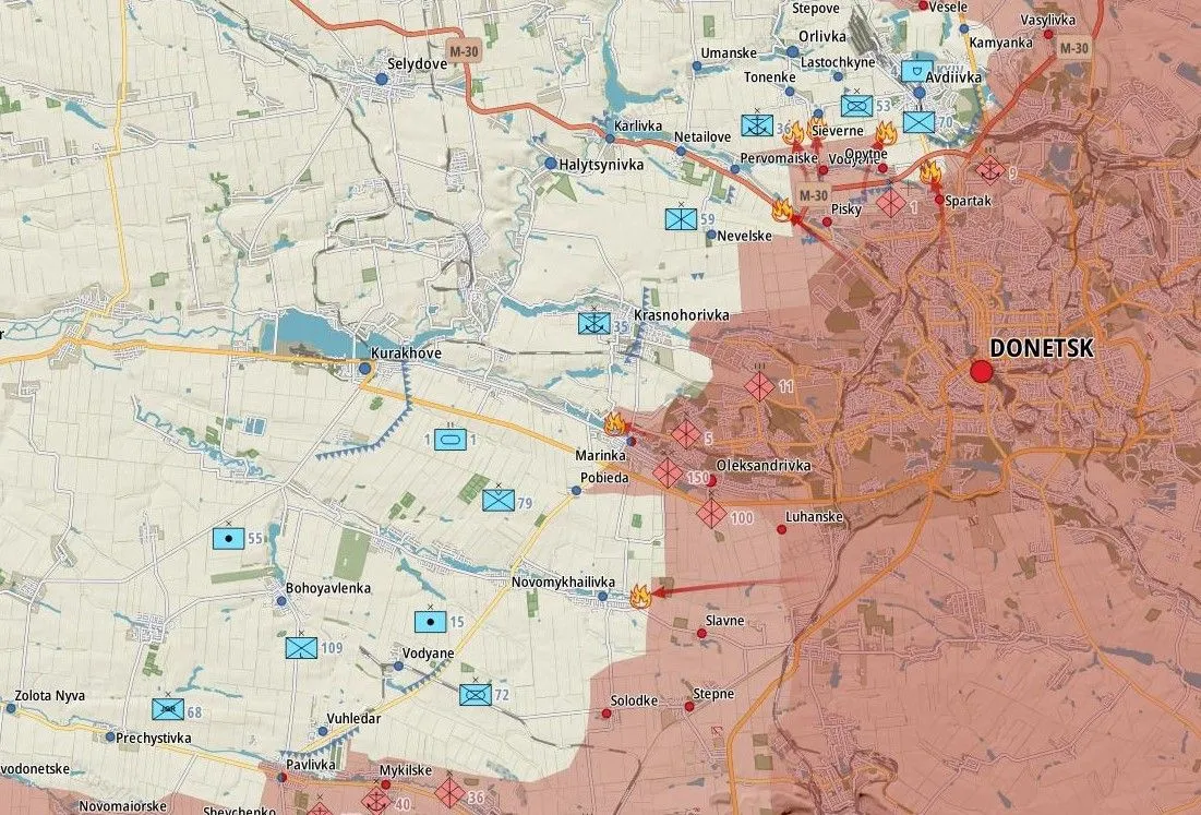 Carte du front du Donbass, d’Avdiivka à Vouhledar via Marinka