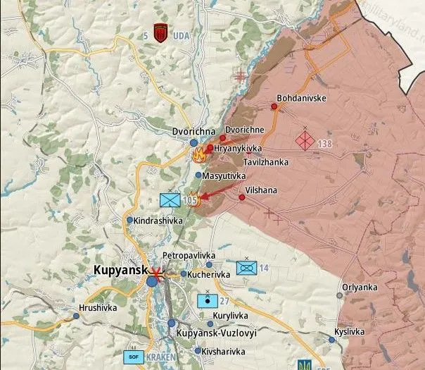 Carte du secteur de Koupiansk et Dvoritchna, combats à Hryanykivka