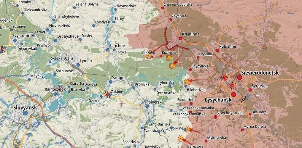 Carte du Donbass de Sloviansk à Lyssytchansk, front de Kreminna à Siversk