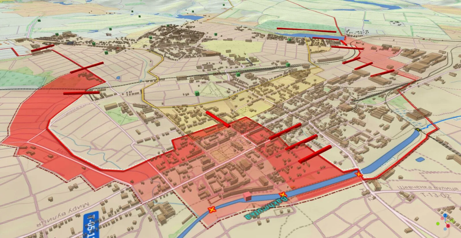 Vue en relief de Bakhmout, secteurs conquis en rouge de part et d’autre de la Bakhmoutka