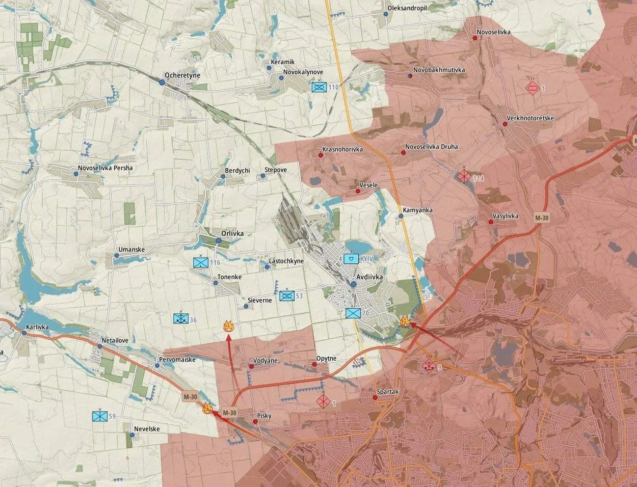 Carte du saillant d’Avdiivka, cerné au nord et au sud par les lignes russes