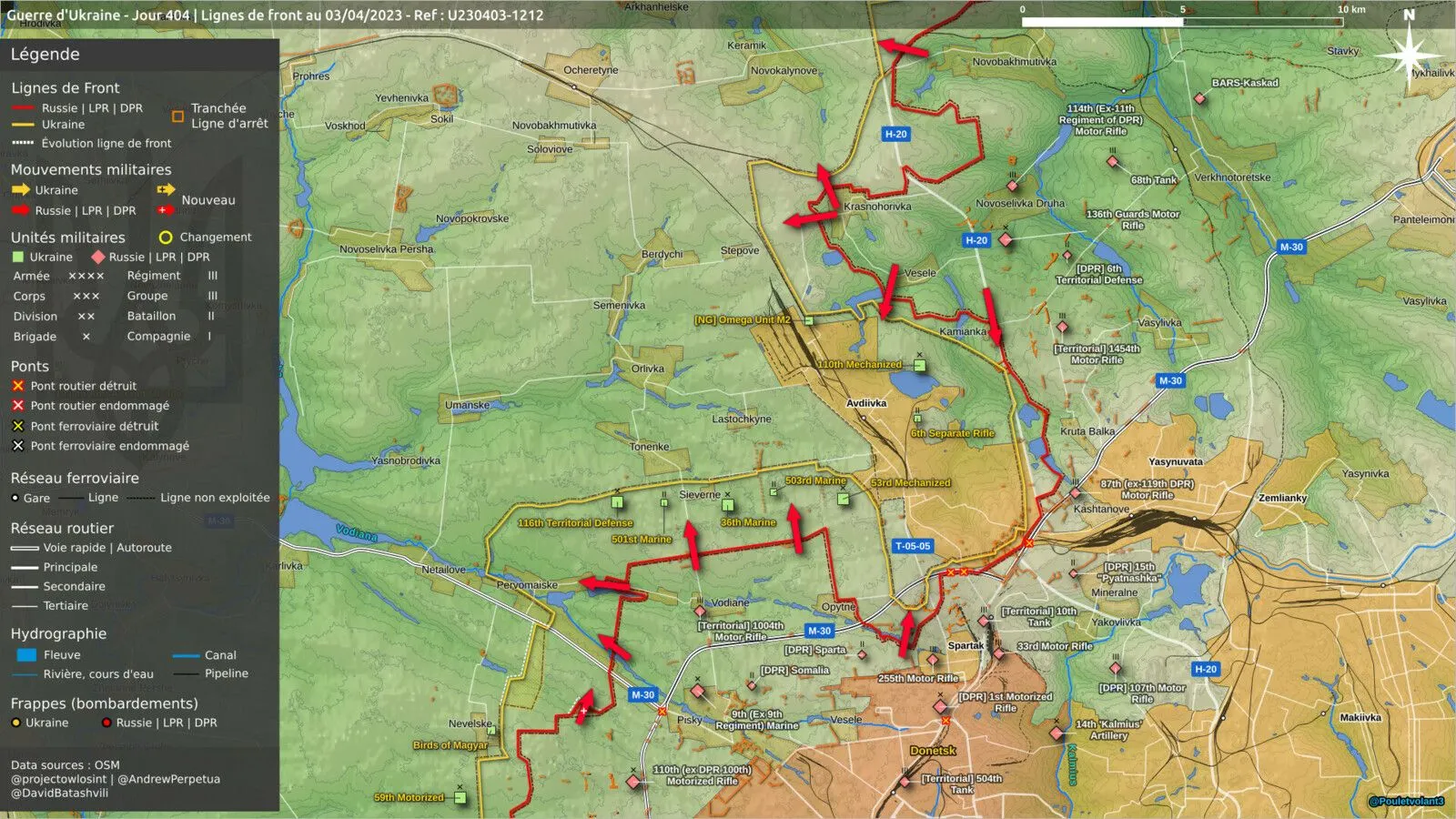Carte des lignes de front d’Avdiivka à Donetsk au 3 avril 2023