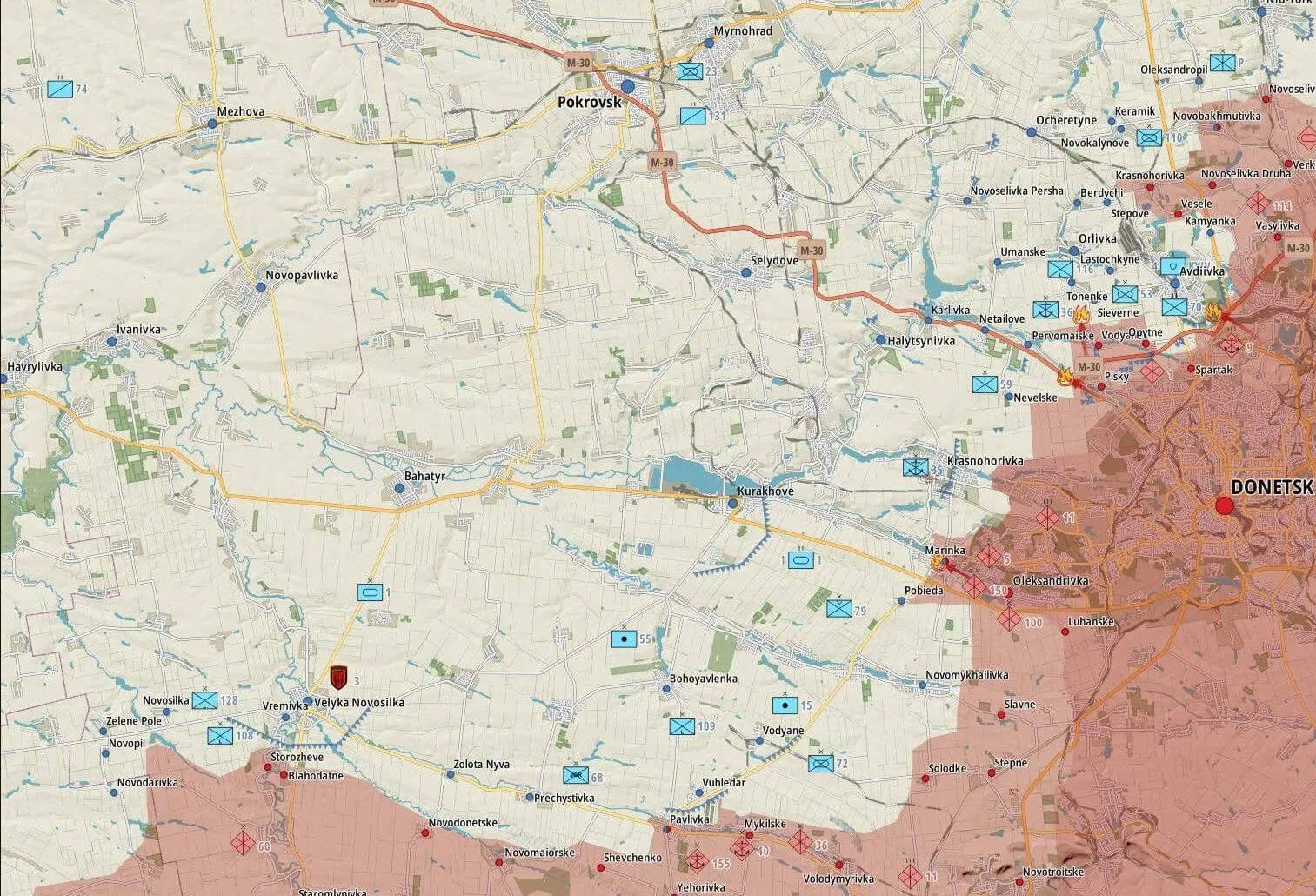 Carte du front du Donetsk, de Marinka à Vuhledar et Velyka Novosilka