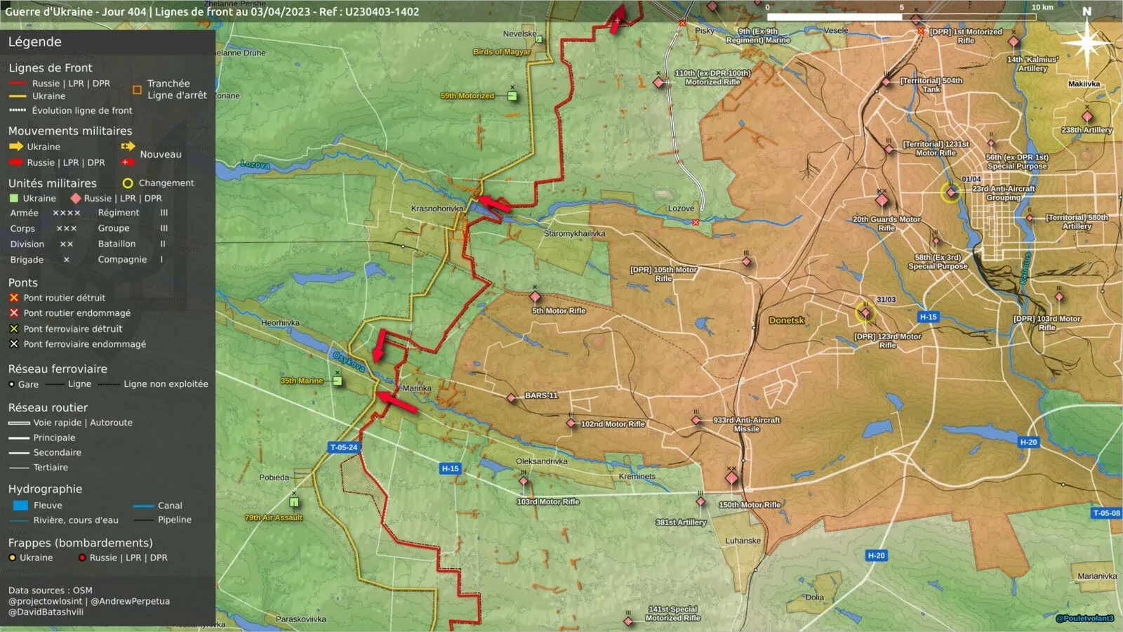 Carte de Marinka et de l’agglomération de Donetsk, poussées russes en rouge
