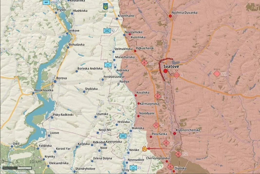 Carte du secteur de Svatove, zone tenue par les Russes en rouge à l’est