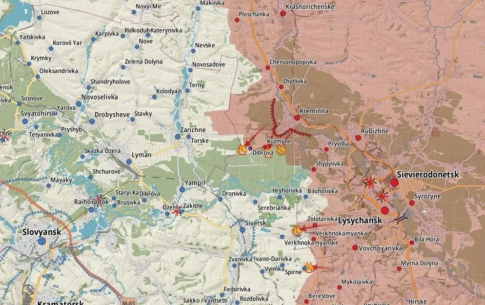 Carte du secteur Lyman-Kreminna-Siversk, combats à Dibrova et Bilohorivka