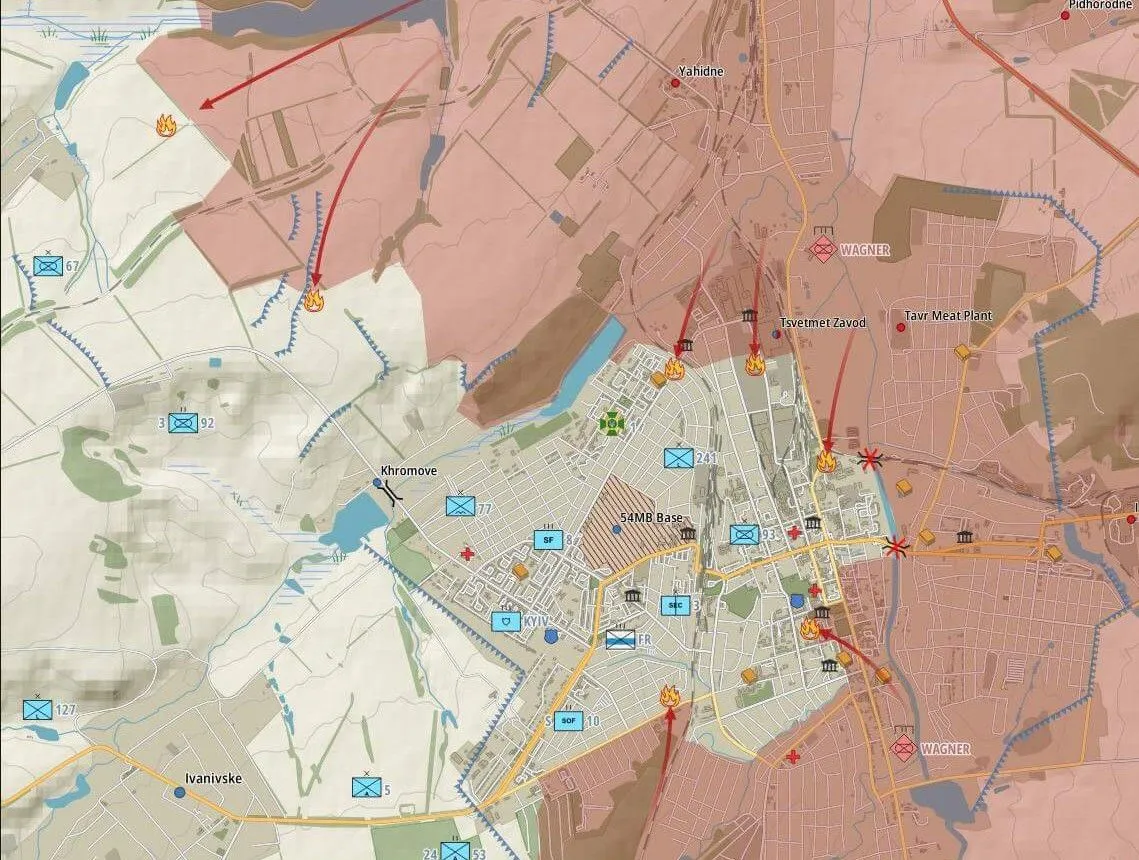Carte de Bakhmout, unités Wagner poussant de l’est vers le centre-ville