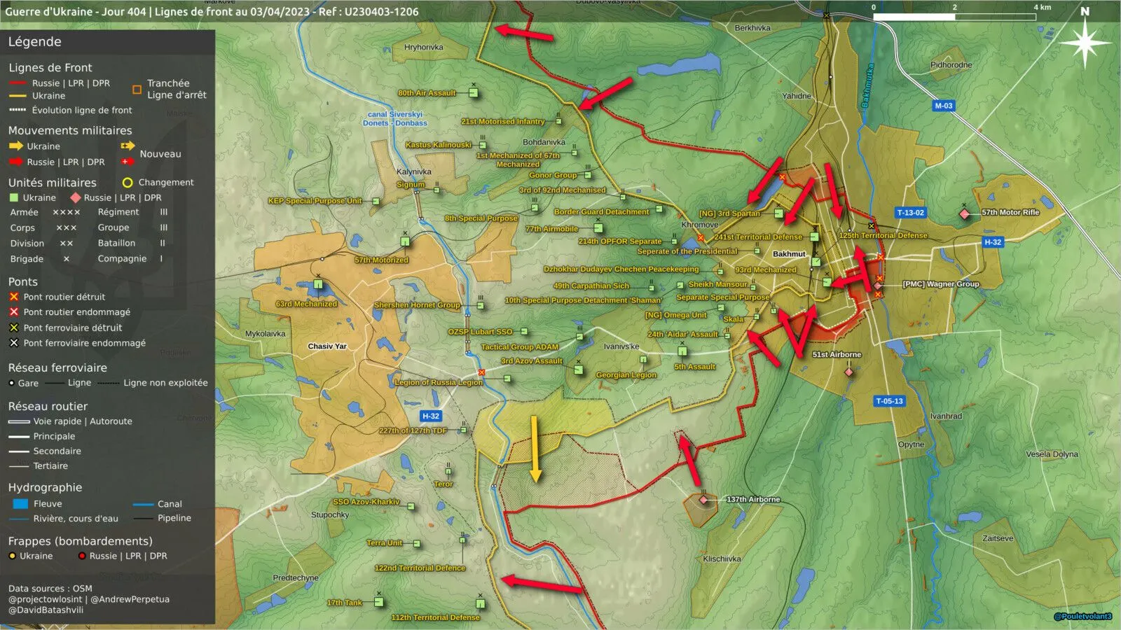 Carte des lignes de front autour de Bakhmout au 3 avril, unités engagées nommées