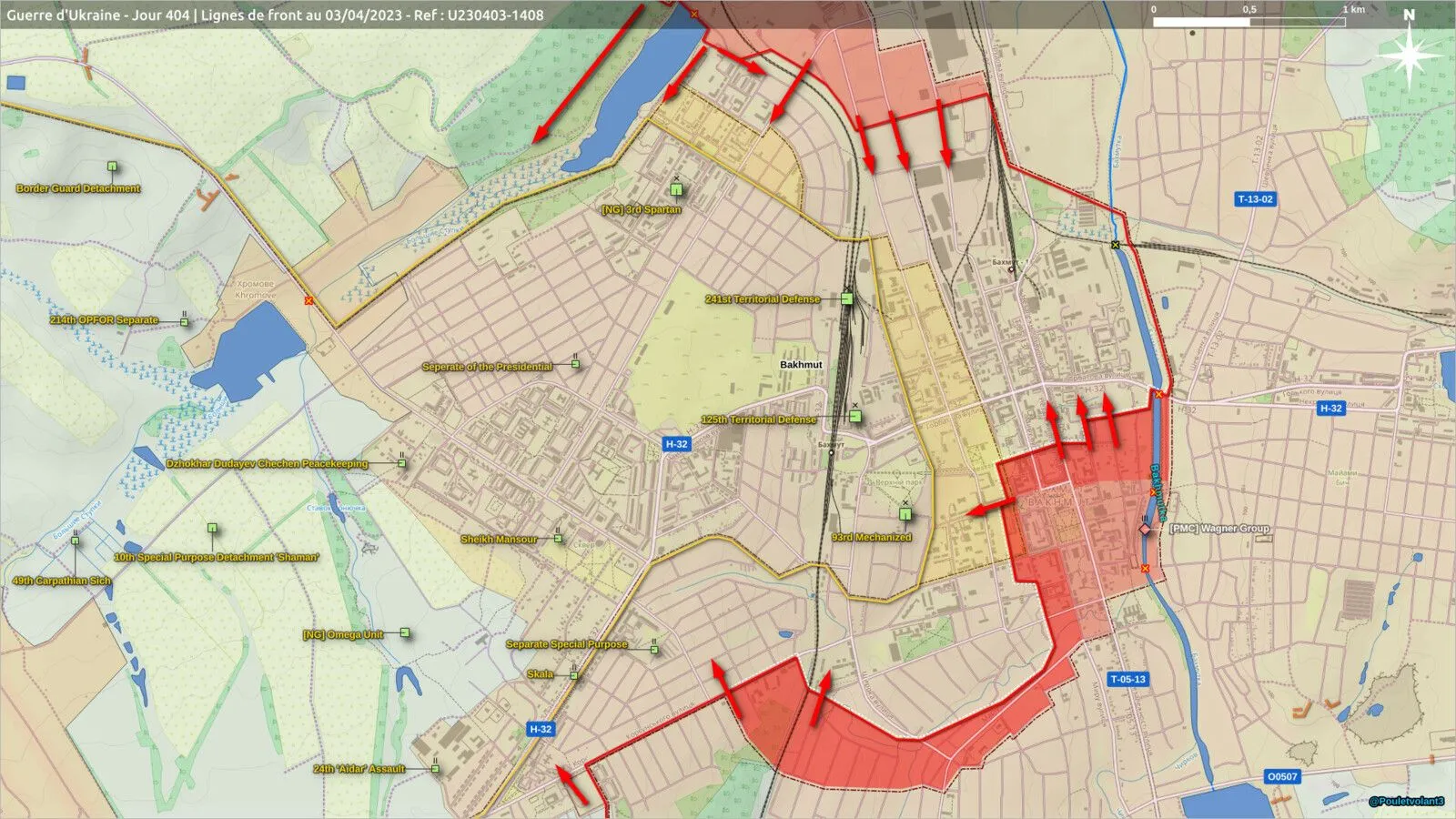 Carte détaillée de la ville de Bakhmout, poussées russes vers l’ouest